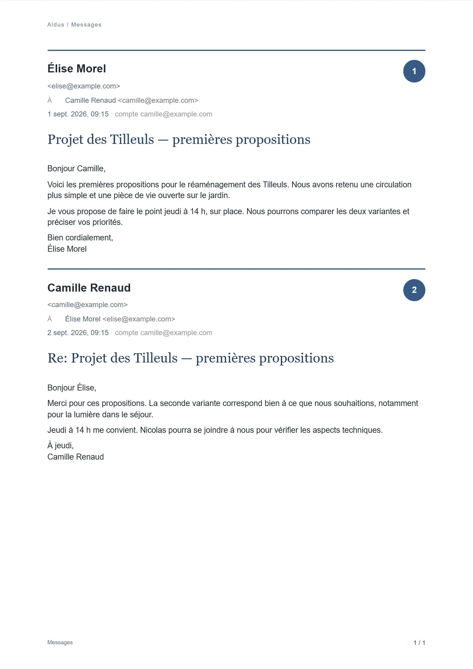 Deux emails fictifs complets, un message reçu et sa réponse, composés dans l’ordre chronologique sur une page d’Edition Aldus.
